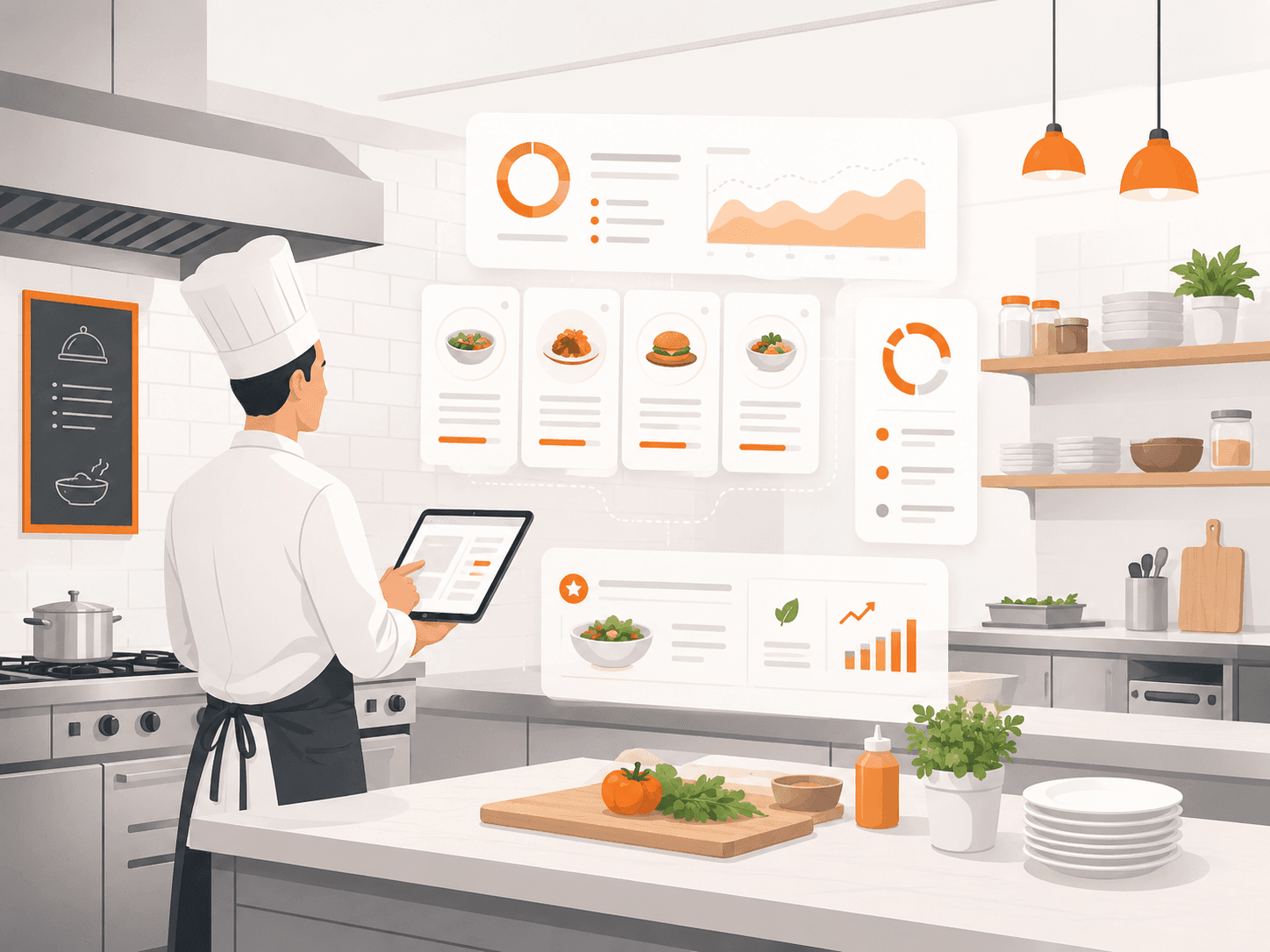 Restaurant kitchen with AI-powered menu pricing dashboard